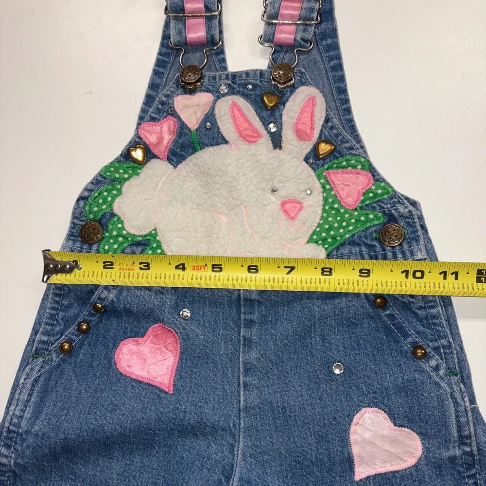 Vintage Osh Kosh Bgosh Custom Denim Bunny Overalls Hearts Rhinestones Blue Pink